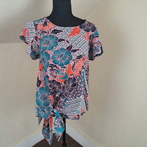 Label Rachel Roy Women's Floral Short Sleeve Tie Front Textured Blouse Size M - Picture 2 of 11